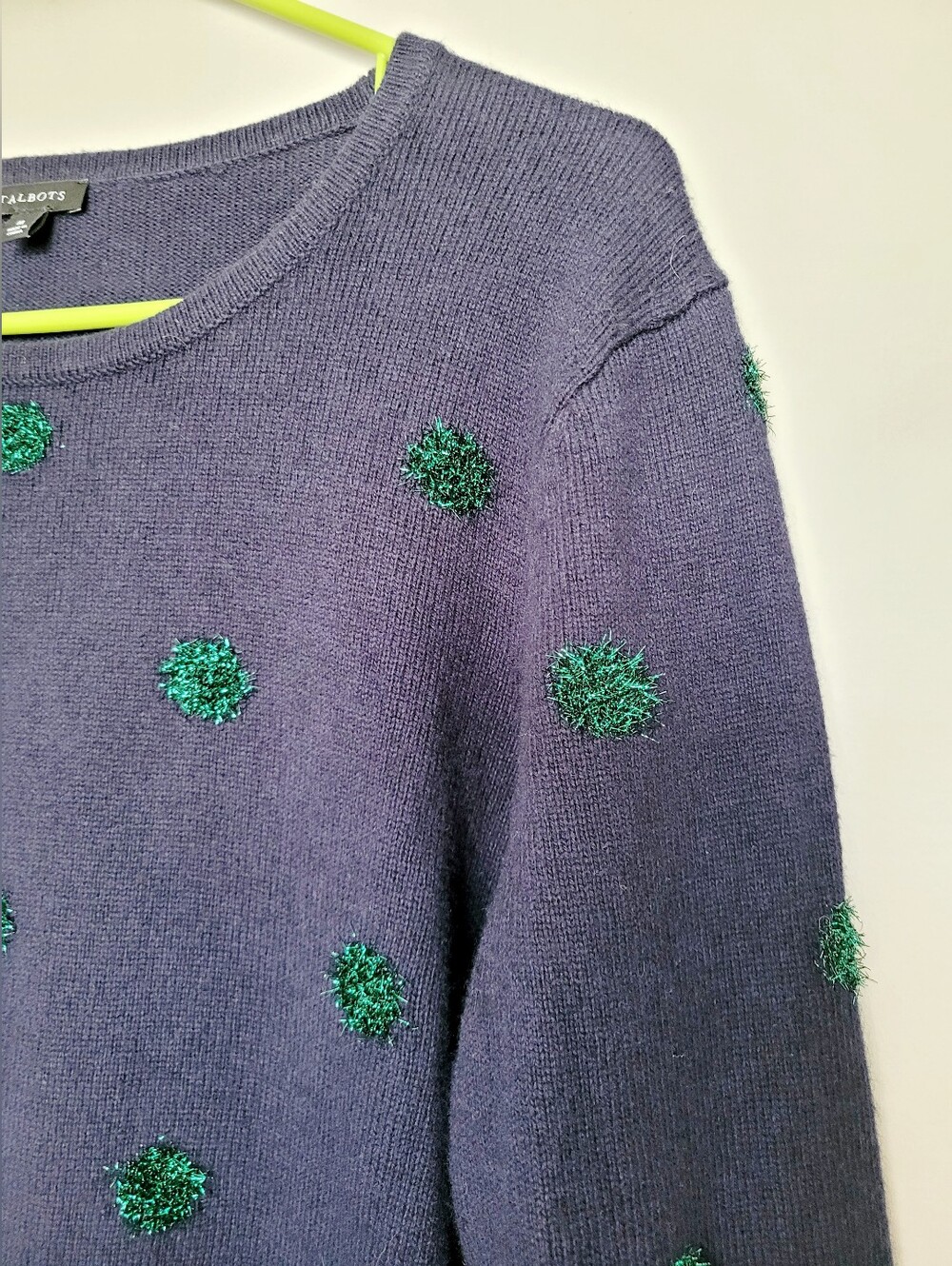 Talbots Wool Blnd Navy Crewneck Sweater with Green Tinsel Dot/Pom Accents Medium - Picture 4 of 14